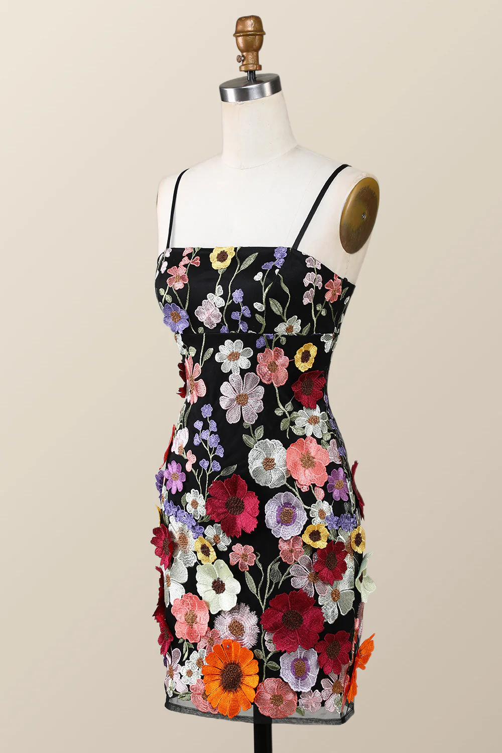 Black Floral Embroidery Tight Mini Dress with Straps - Image 3
