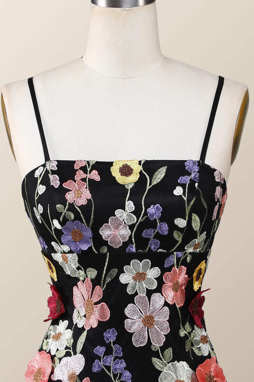 Black Floral Embroidery Tight Mini Dress with Straps - Image 4