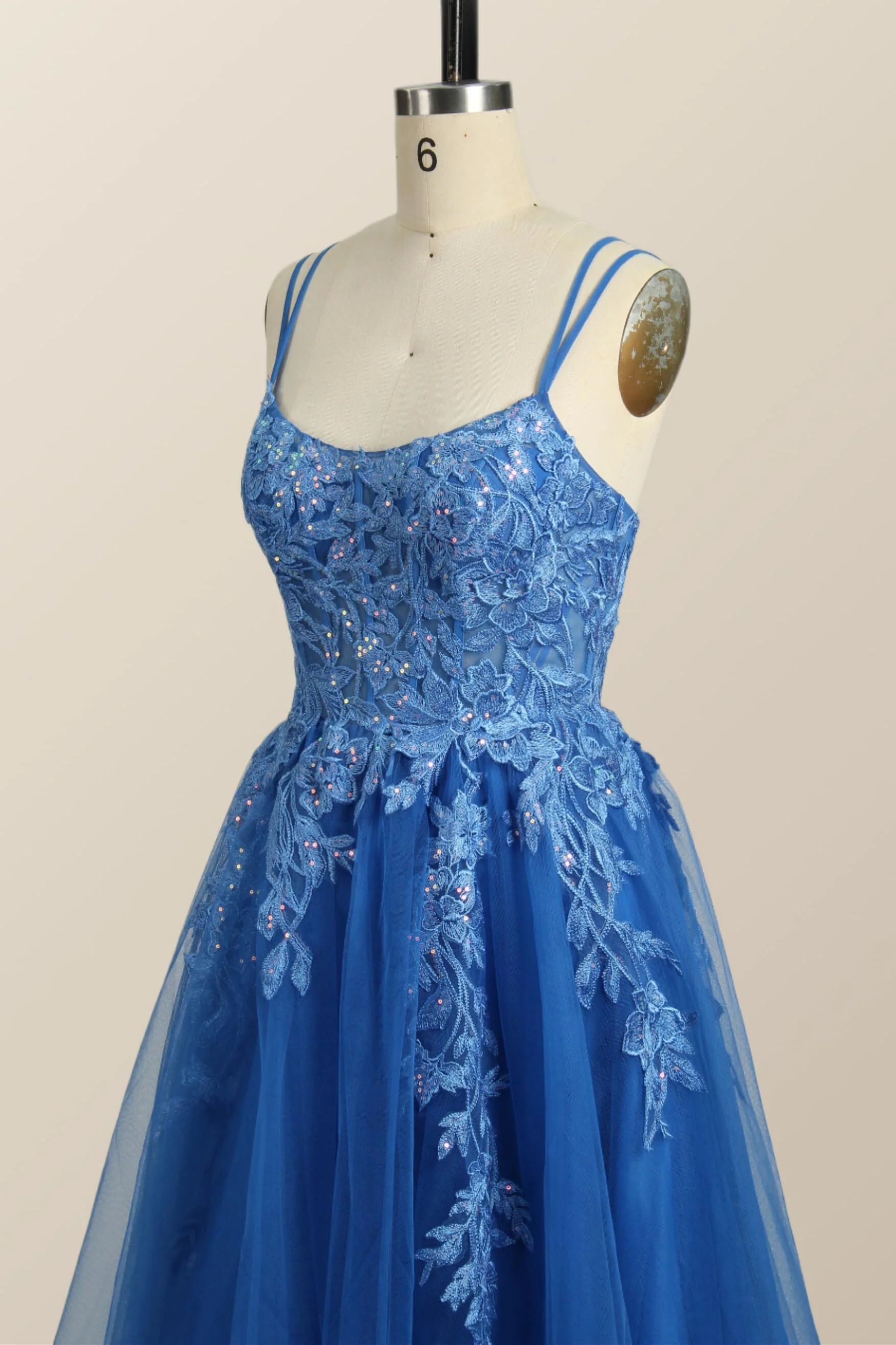 Blue Appliques A-line Tulle Long Dress - Image 3
