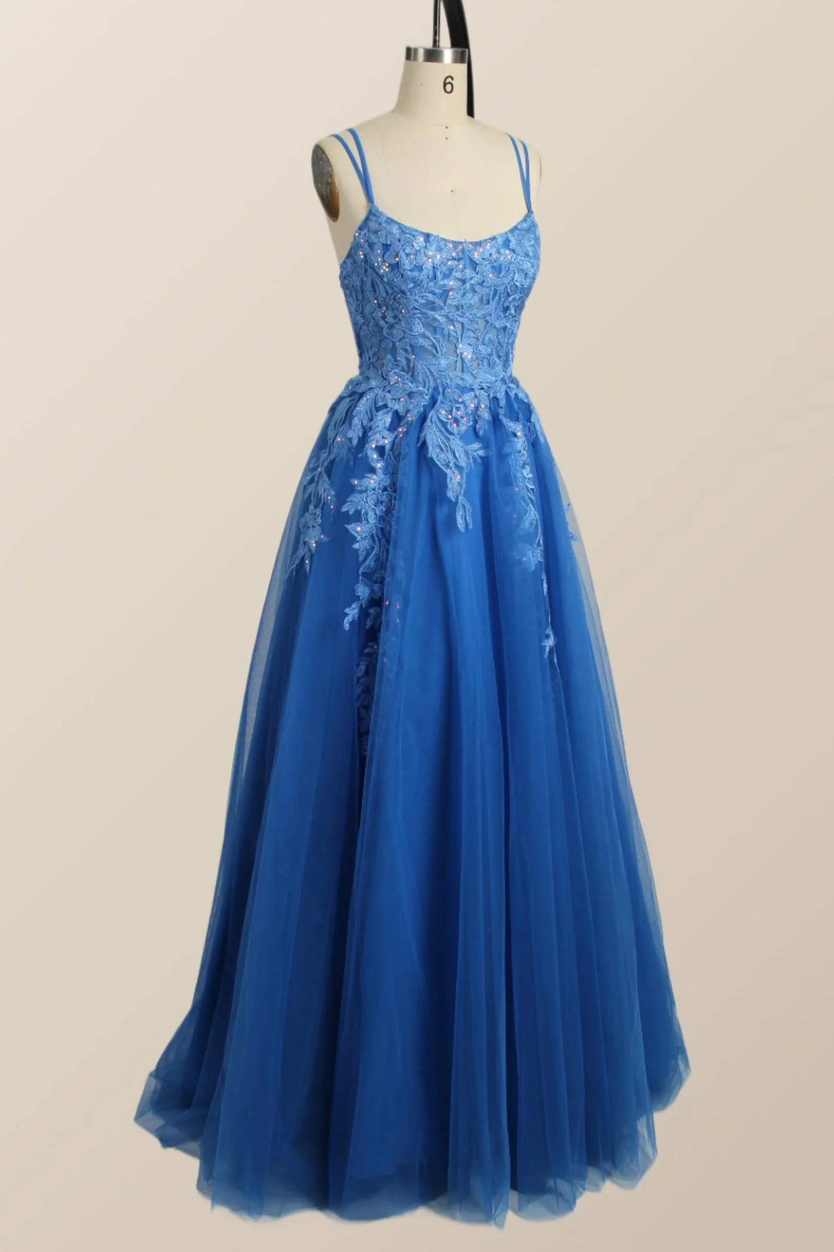 Blue Appliques A-line Tulle Long Dress - Image 4
