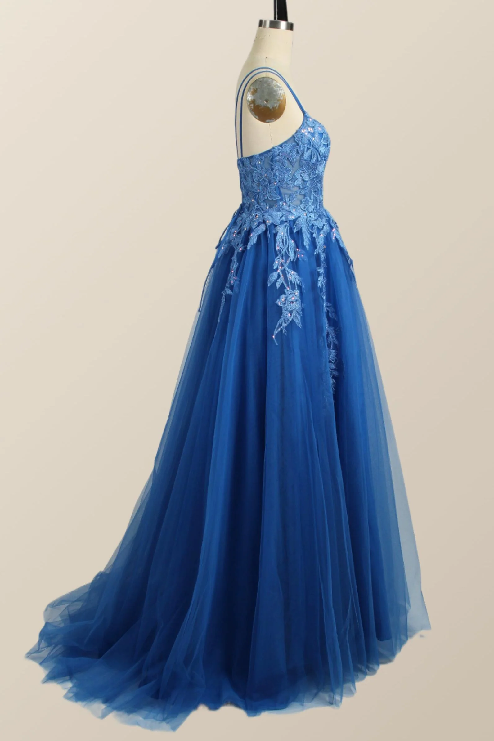 Blue Appliques A-line Tulle Long Dress - Image 5