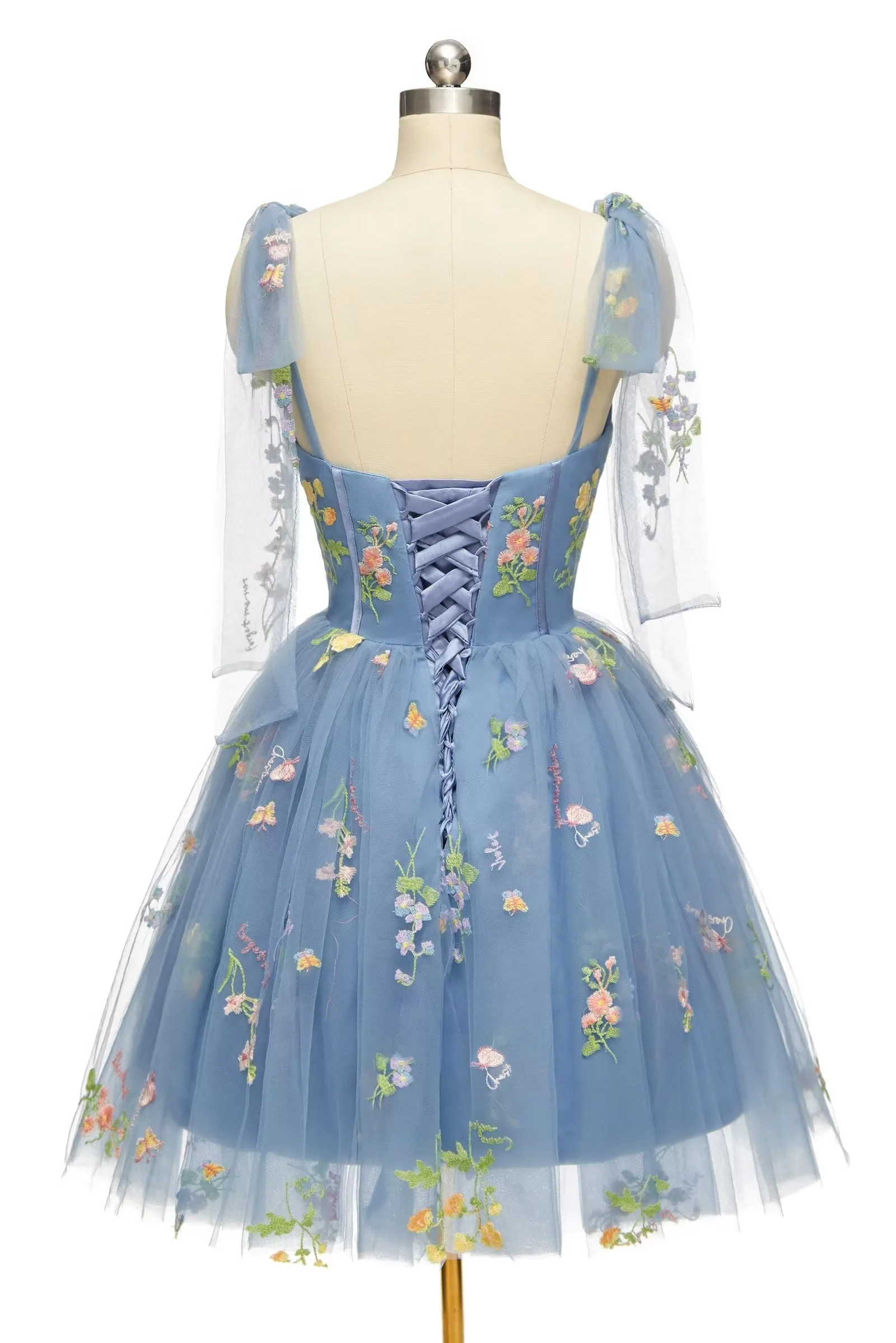Blue Floral Corset A-line Homecoming Dress with Tie Shoulders - Image 4
