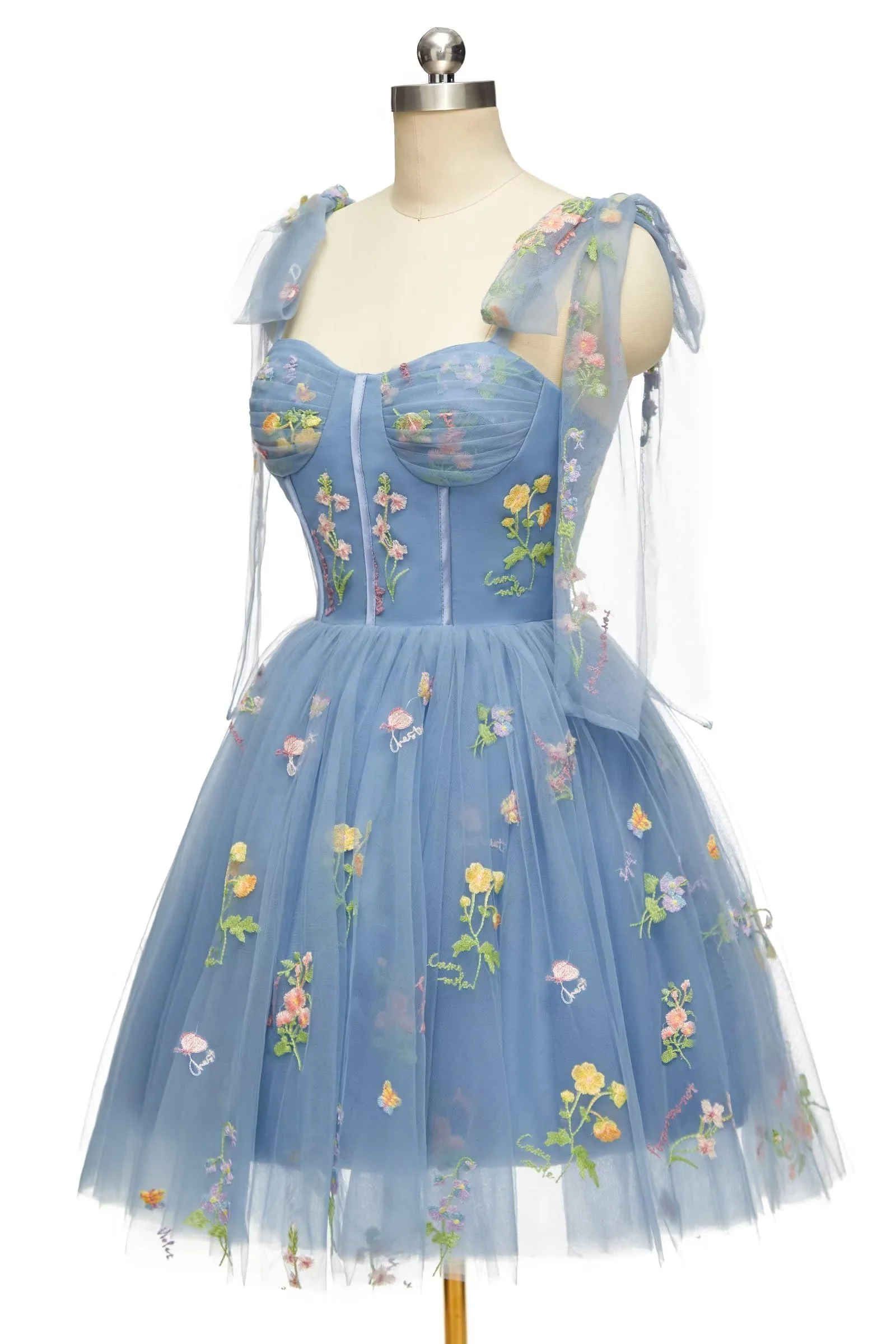 Blue Floral Corset A-line Homecoming Dress with Tie Shoulders - Image 5