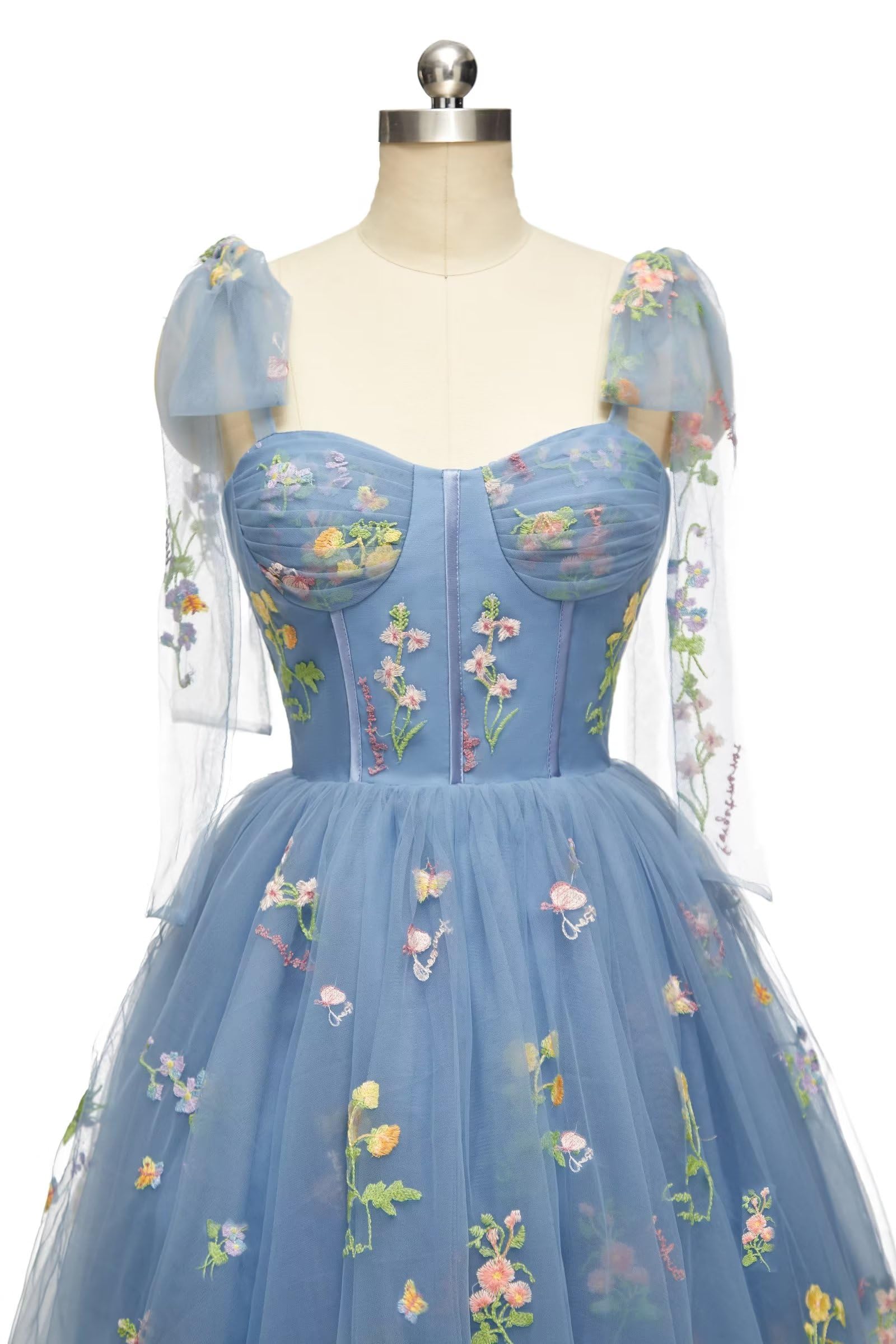 Blue Floral Corset A-line Homecoming Dress with Tie Shoulders - Image 6