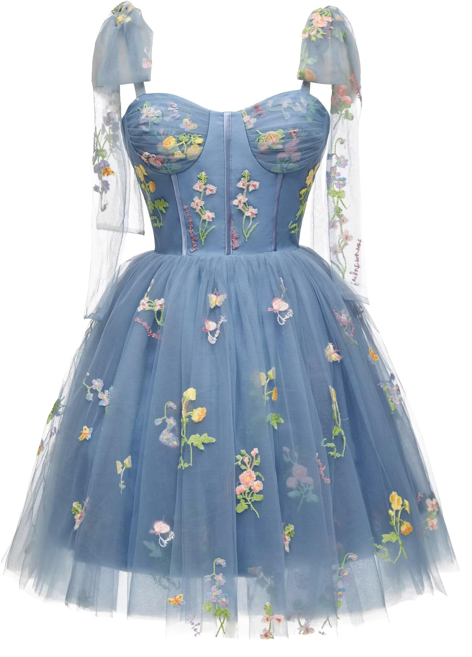 Blue Floral Corset A-line Homecoming Dress with Tie Shoulders - Image 7
