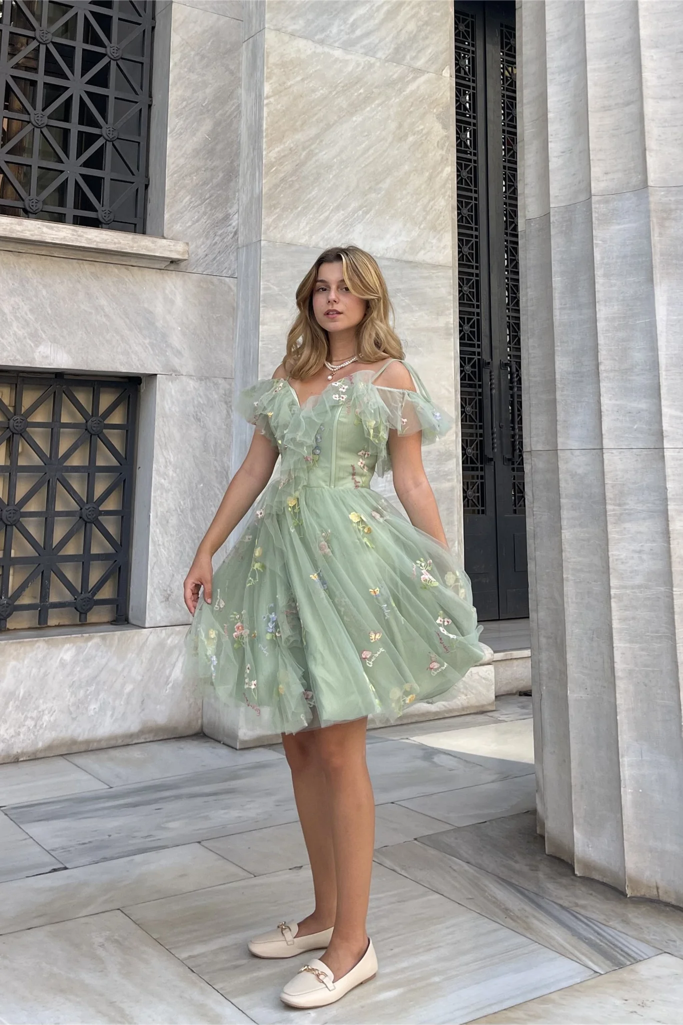 Blue Floral Ruffle A-line Homecoming Dress - Image 11