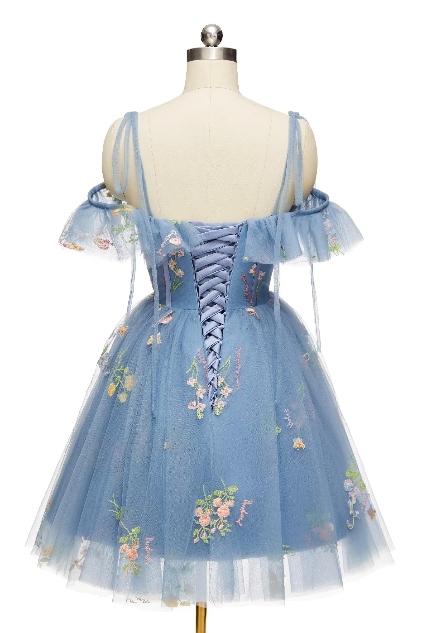Blue Floral Ruffle A-line Homecoming Dress - Image 4