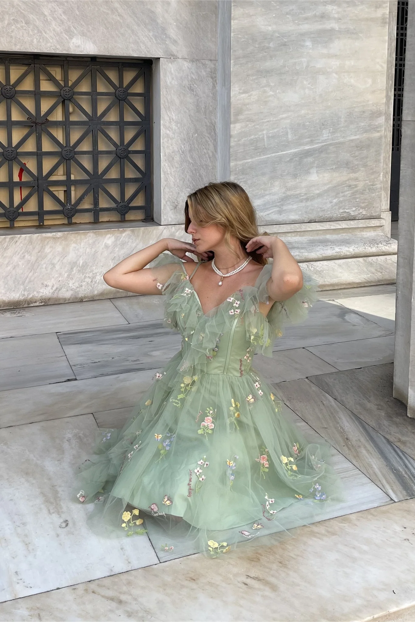 Blue Floral Ruffle A-line Homecoming Dress - Image 9