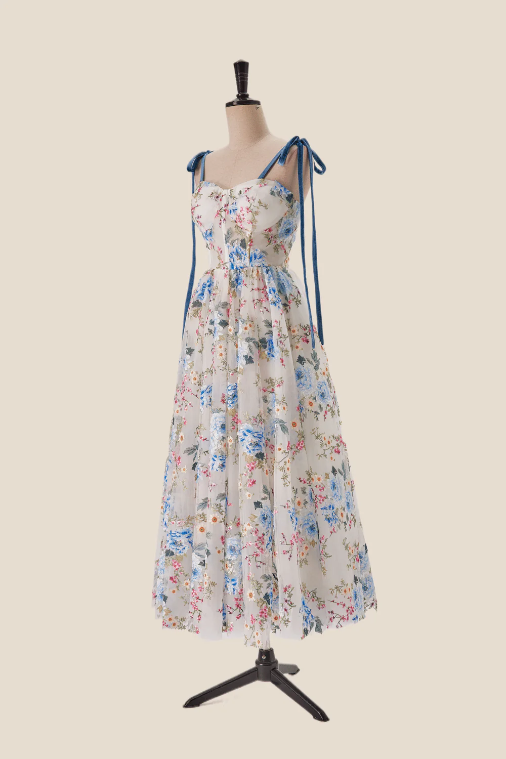 Blue Floral Tea Length A-line Party Dress - Image 3