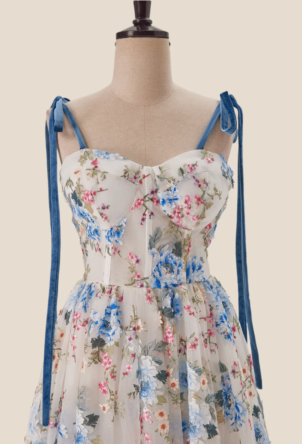 Blue Floral Tea Length A-line Party Dress - Image 4