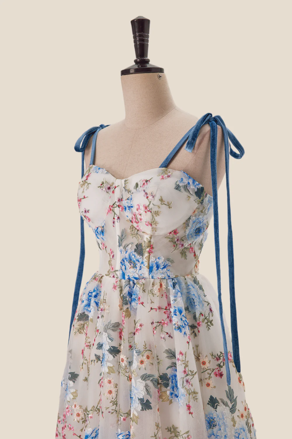 Blue Floral Tea Length A-line Party Dress - Image 5