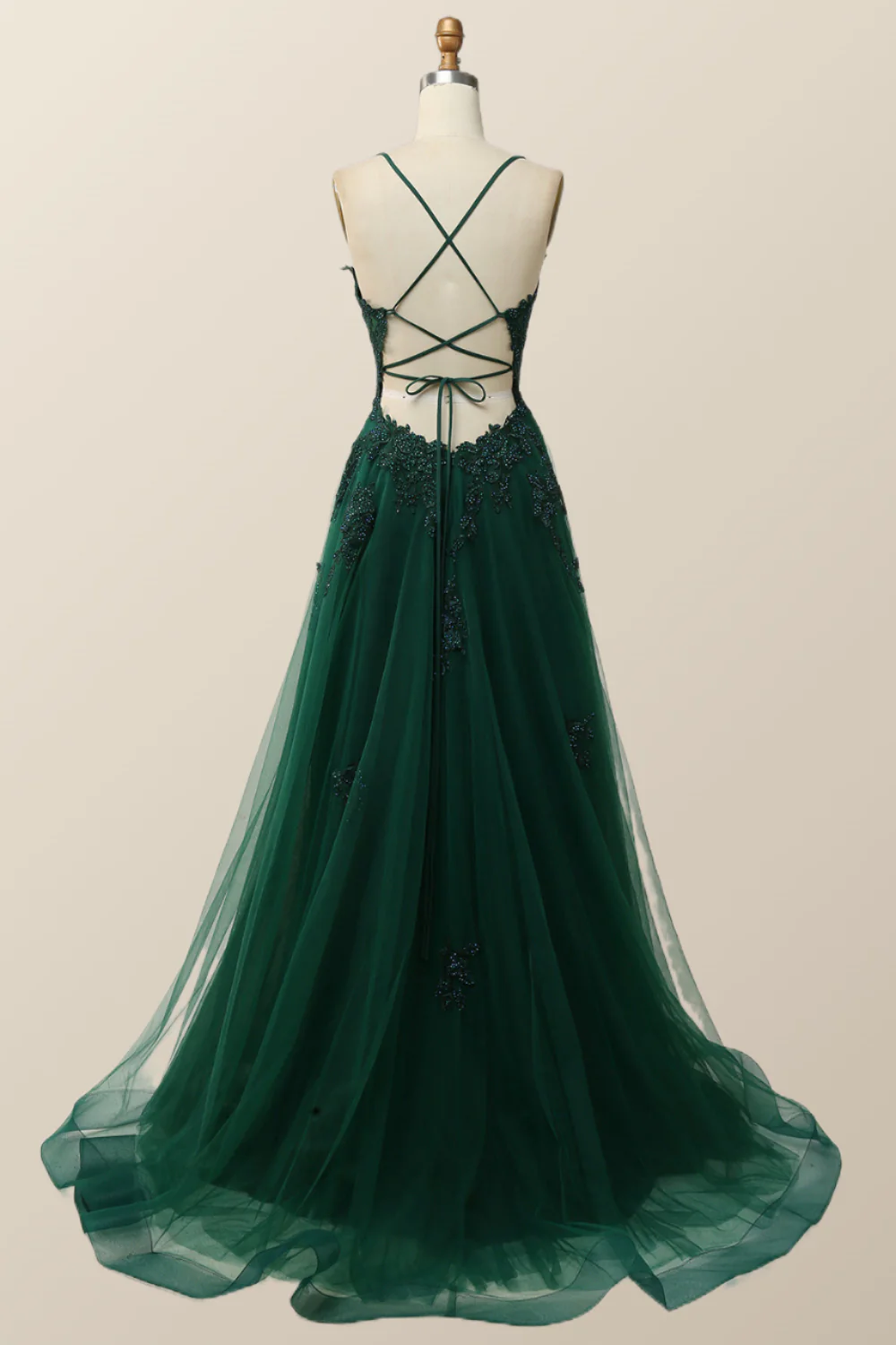 Sage Green V Neck Appliques Long Formal Dress - Image 7