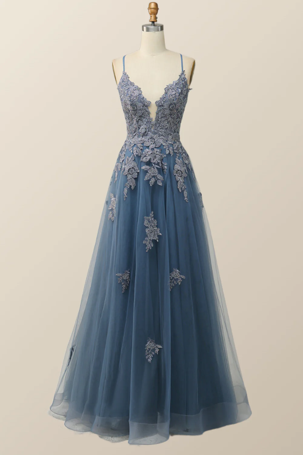 Sage Green V Neck Appliques Long Formal Dress - Image 8