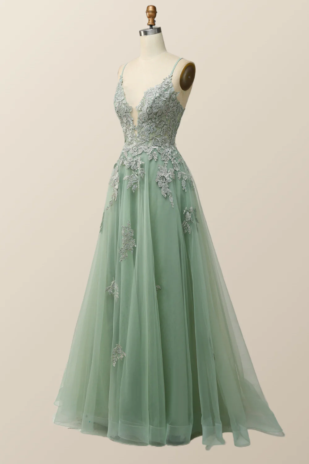 Sage Green V Neck Appliques Long Formal Dress - Image 9