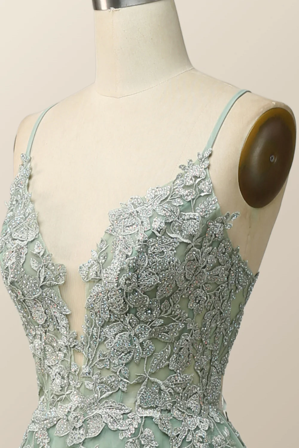 Sage Green V Neck Appliques Long Formal Dress - Image 10