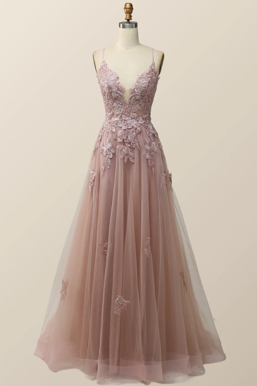 Sage Green V Neck Appliques Long Formal Dress - Image 3