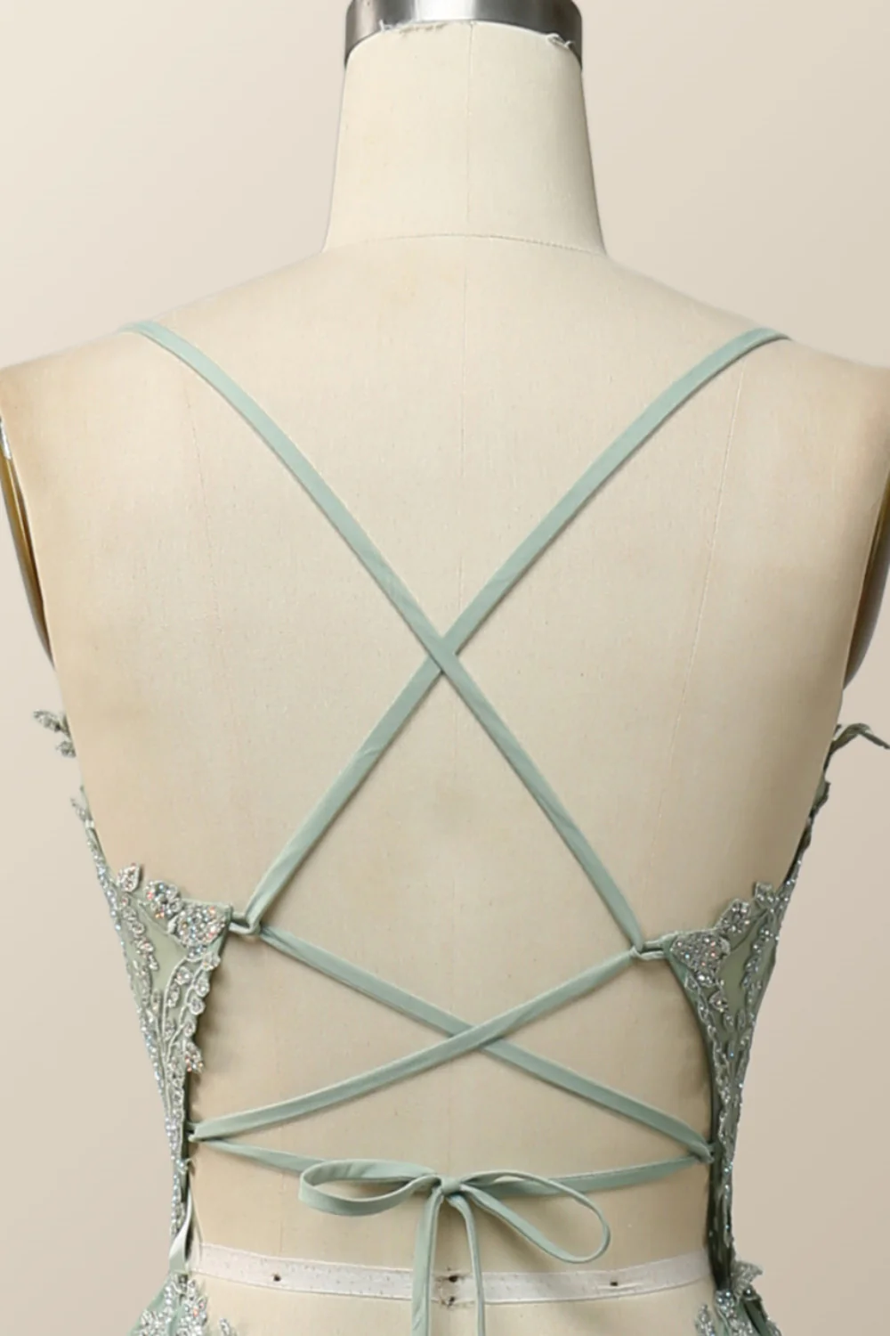 Sage Green V Neck Appliques Long Formal Dress - Image 11