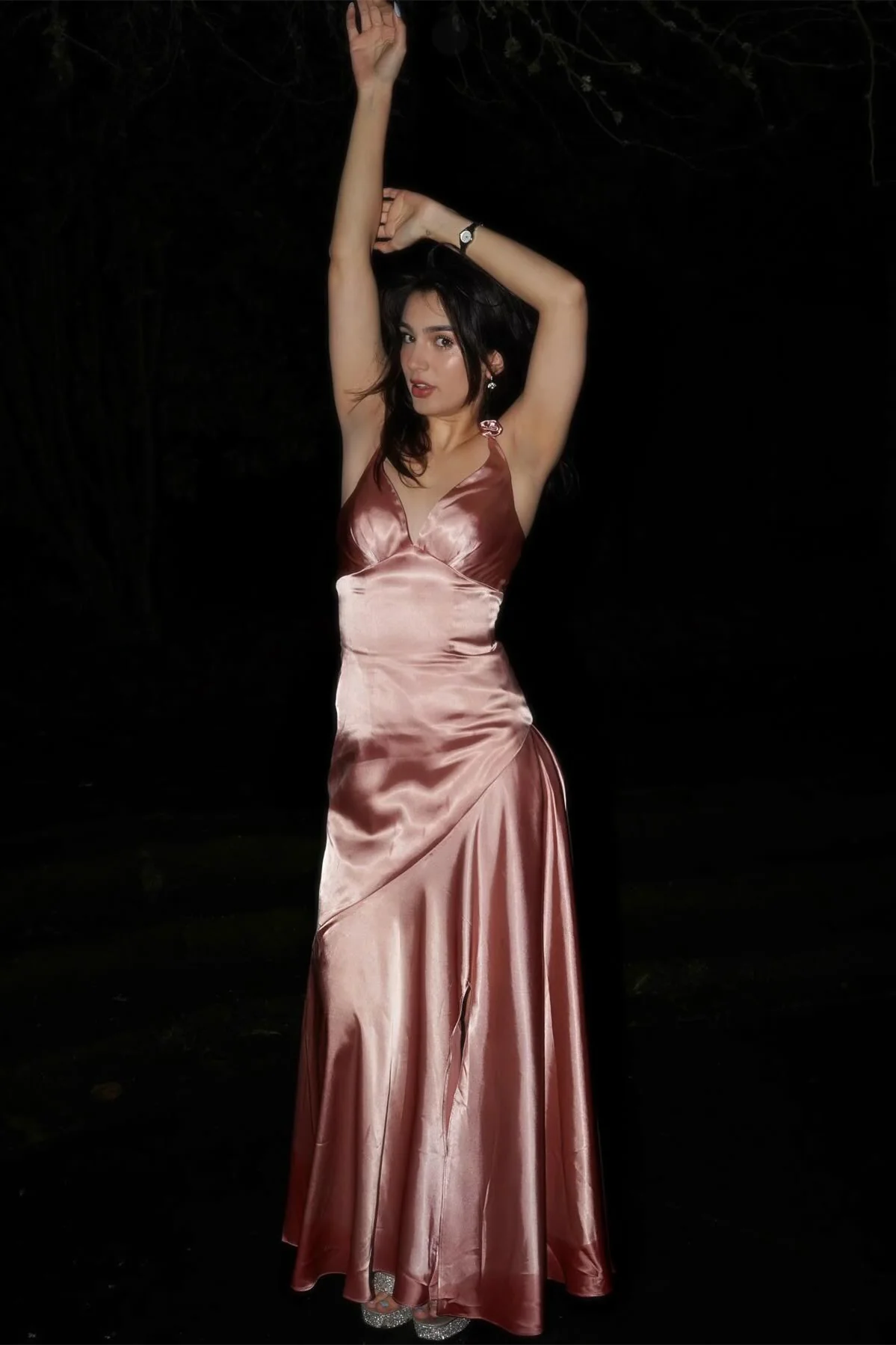 Blush Pink Silk Sheath Long Dress with Slit - Image 3