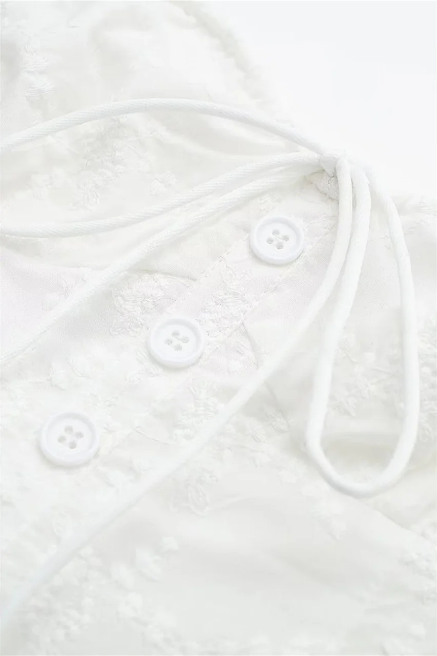 Bow Tie White Embroidery Short Dress with Button - Image 3