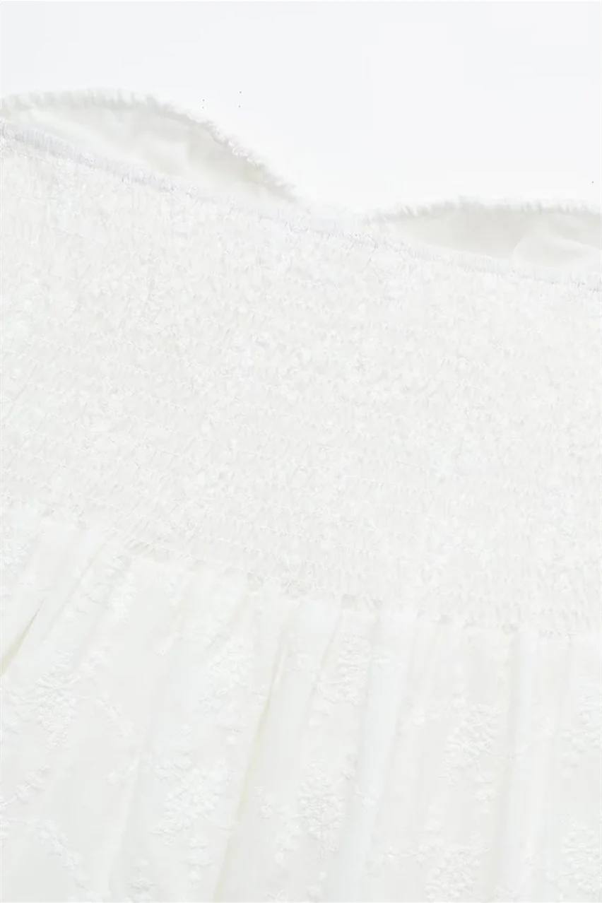 Bow Tie White Embroidery Short Dress with Button - Image 4