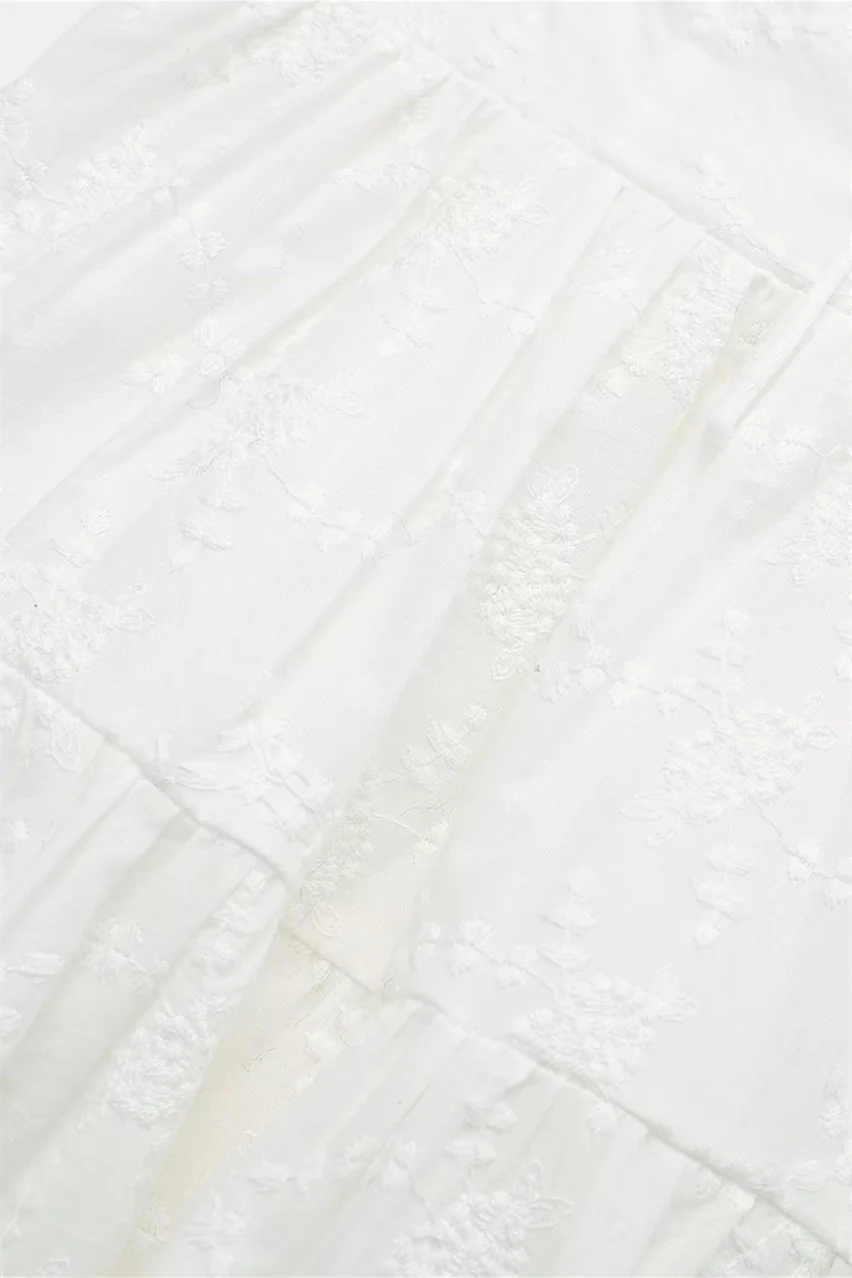 Bow Tie White Embroidery Short Dress with Button - Image 5