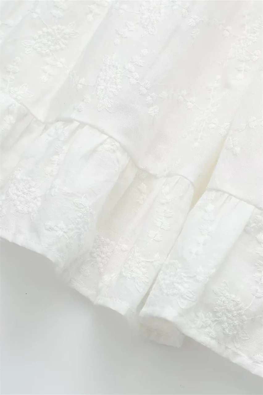 Bow Tie White Embroidery Short Dress with Button - Image 6