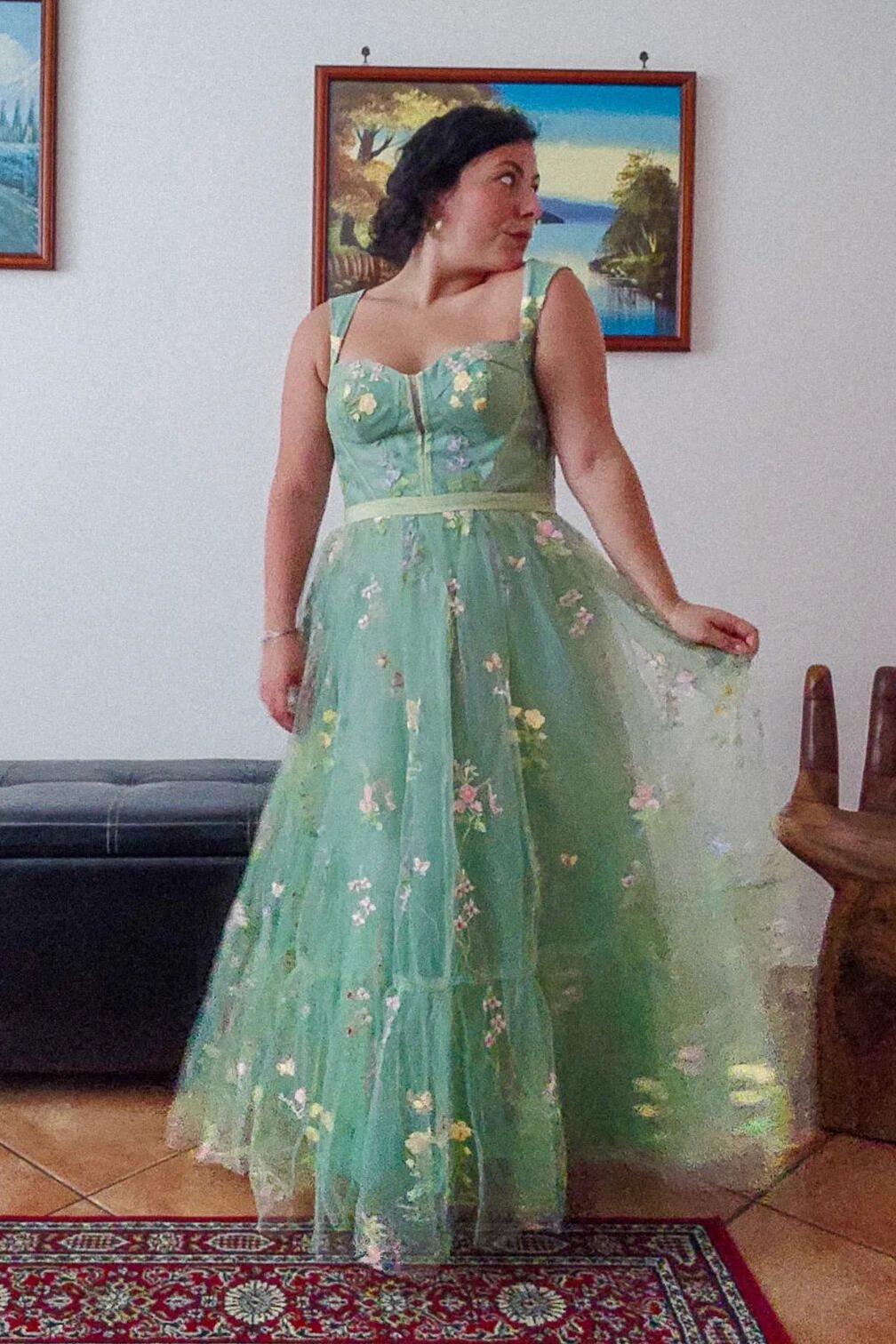 Green Embroidered A-line Midi Dress - Image 16