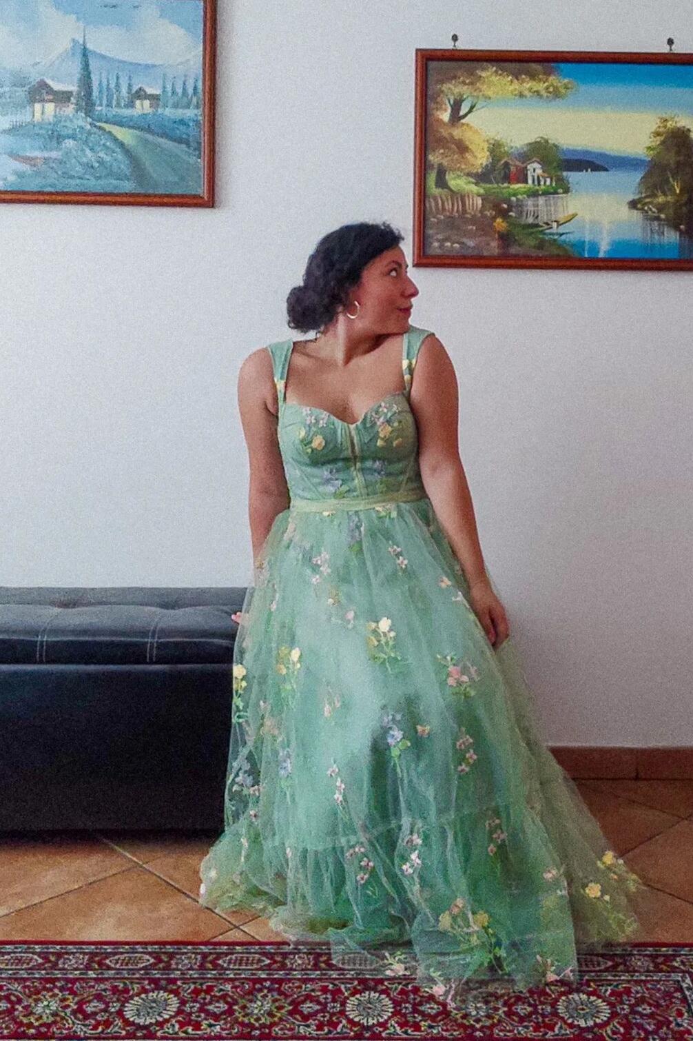 Green Embroidered A-line Midi Dress - Image 17