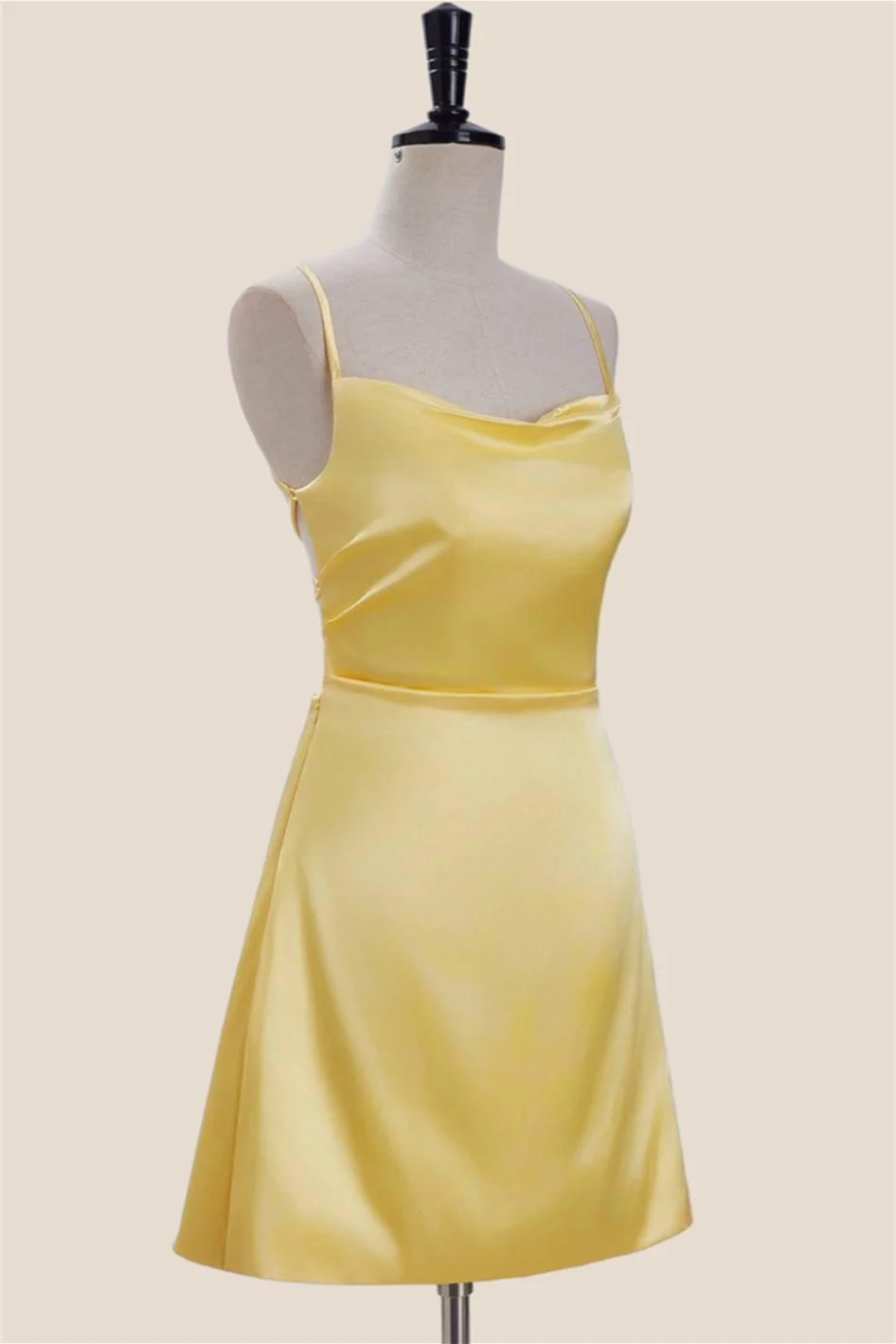 Cowl Neck Yellow Satin A-line Short Dress - Image 3