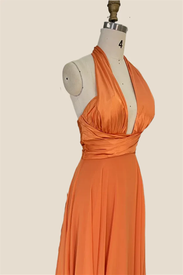 Cross Halter Orange Satin Long Party Dress - Image 3