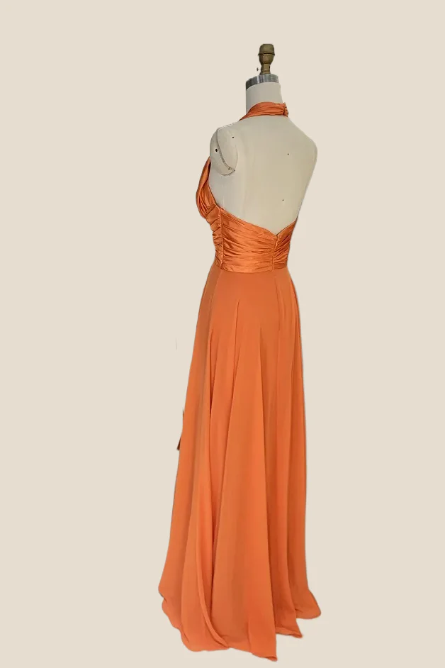 Cross Halter Orange Satin Long Party Dress - Image 4