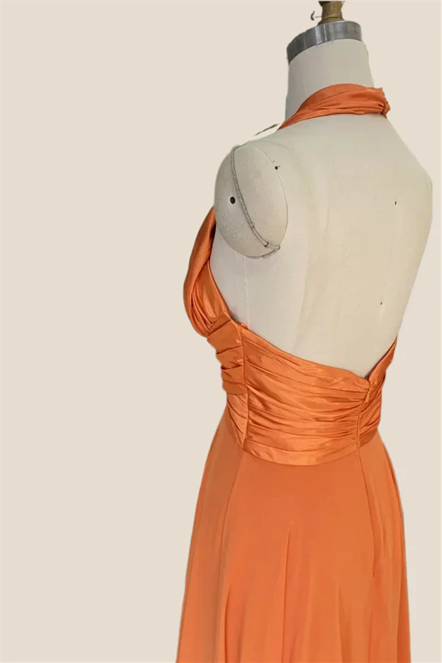 Cross Halter Orange Satin Long Party Dress - Image 5