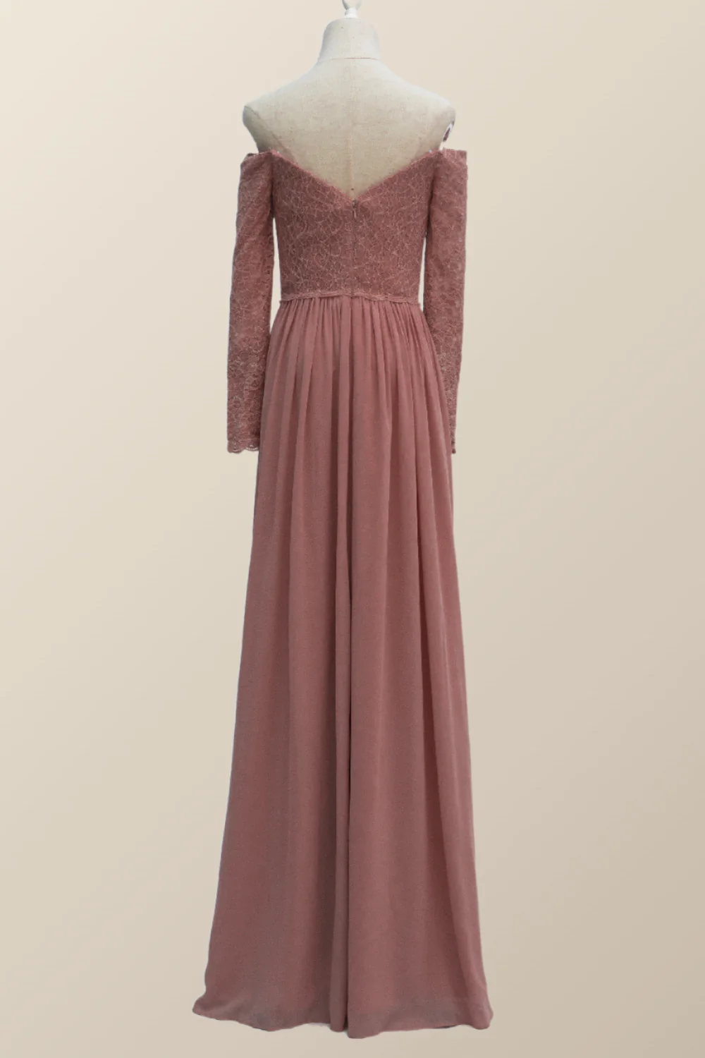 Dusty Rose Lace Long Sleeves Long Bridesmaid Dress - Image 3
