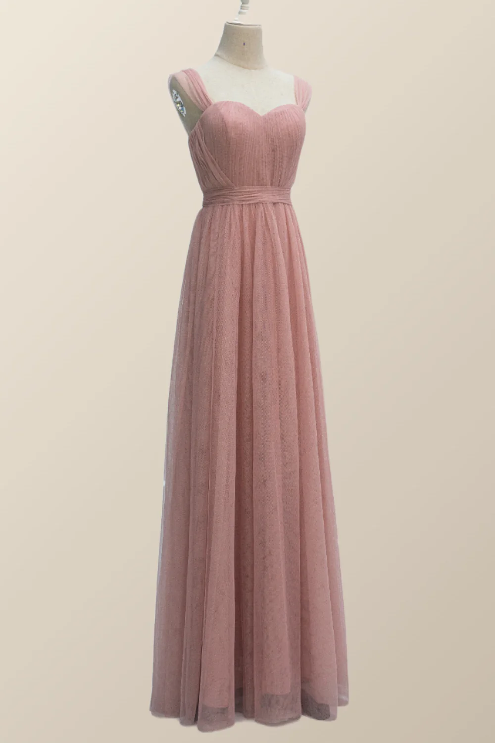 Empire Blush Pink Tulle A-line Long Bridesmaid Dress - Image 4