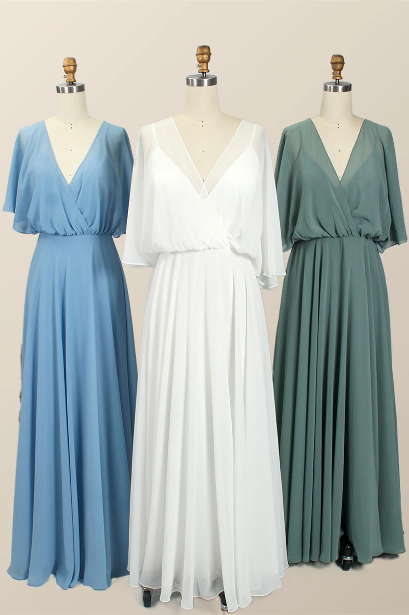 Flare Sleeves Chiffon Long Bridesmaid Dress - Image 3