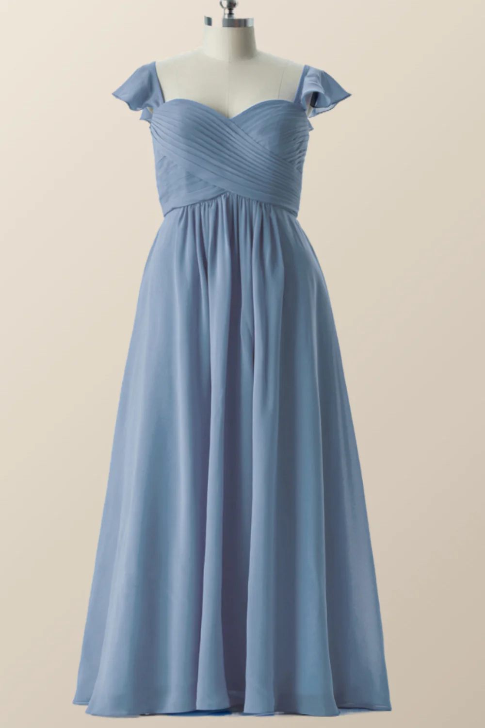 Flare Sleeves Misty Blue Pleated Long Bridesmaid Dress - Image 3
