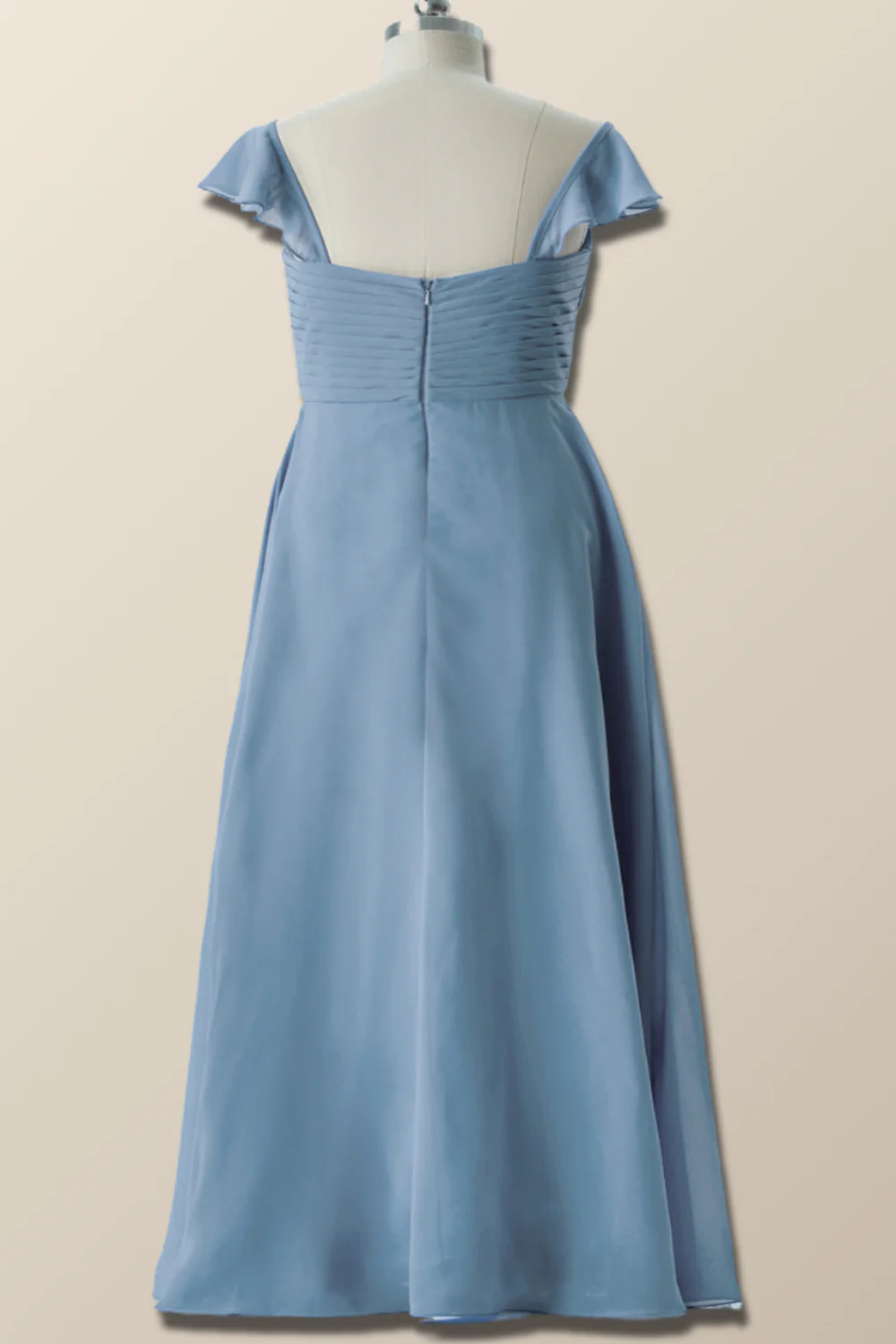 Flare Sleeves Misty Blue Pleated Long Bridesmaid Dress - Image 4