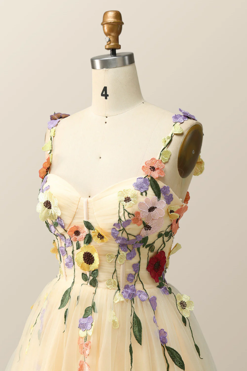 Floral Embroidered Champagne Tulle Short Homecoming Dress - Image 5