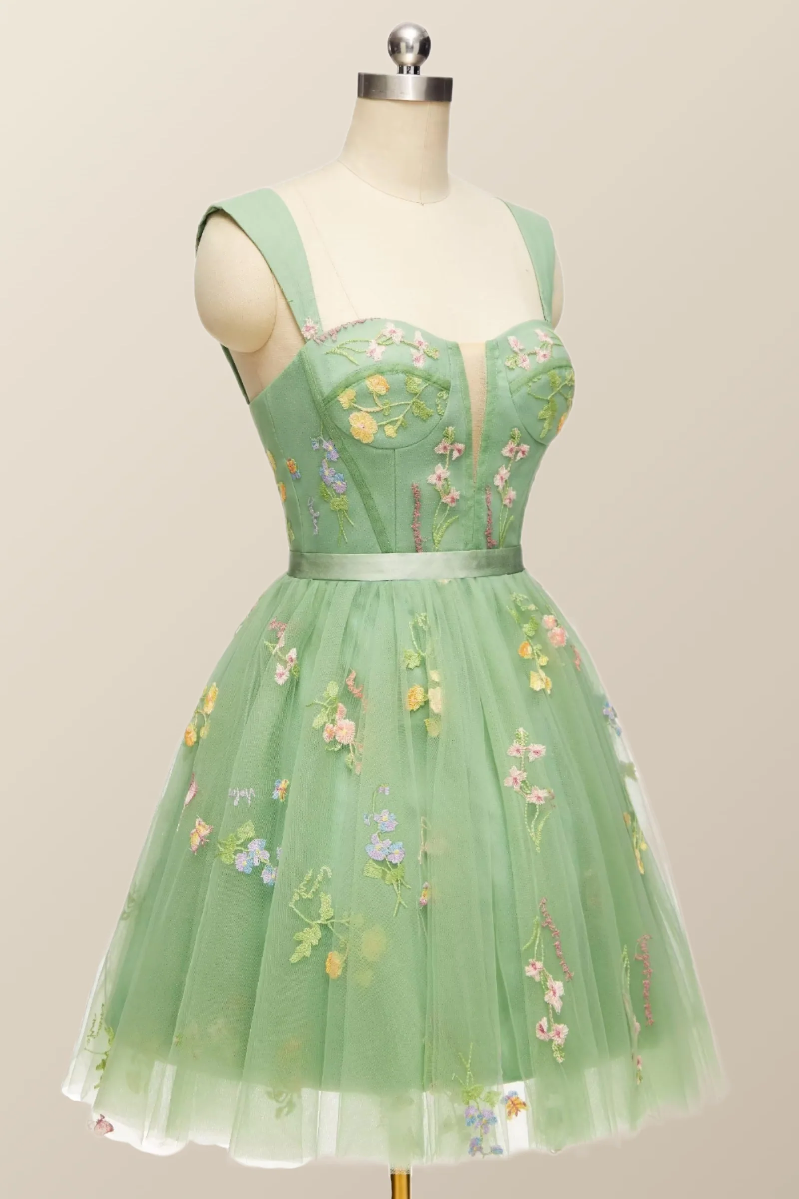 Green Floral A-line Short Princess Dress with Square Neck - Image 3