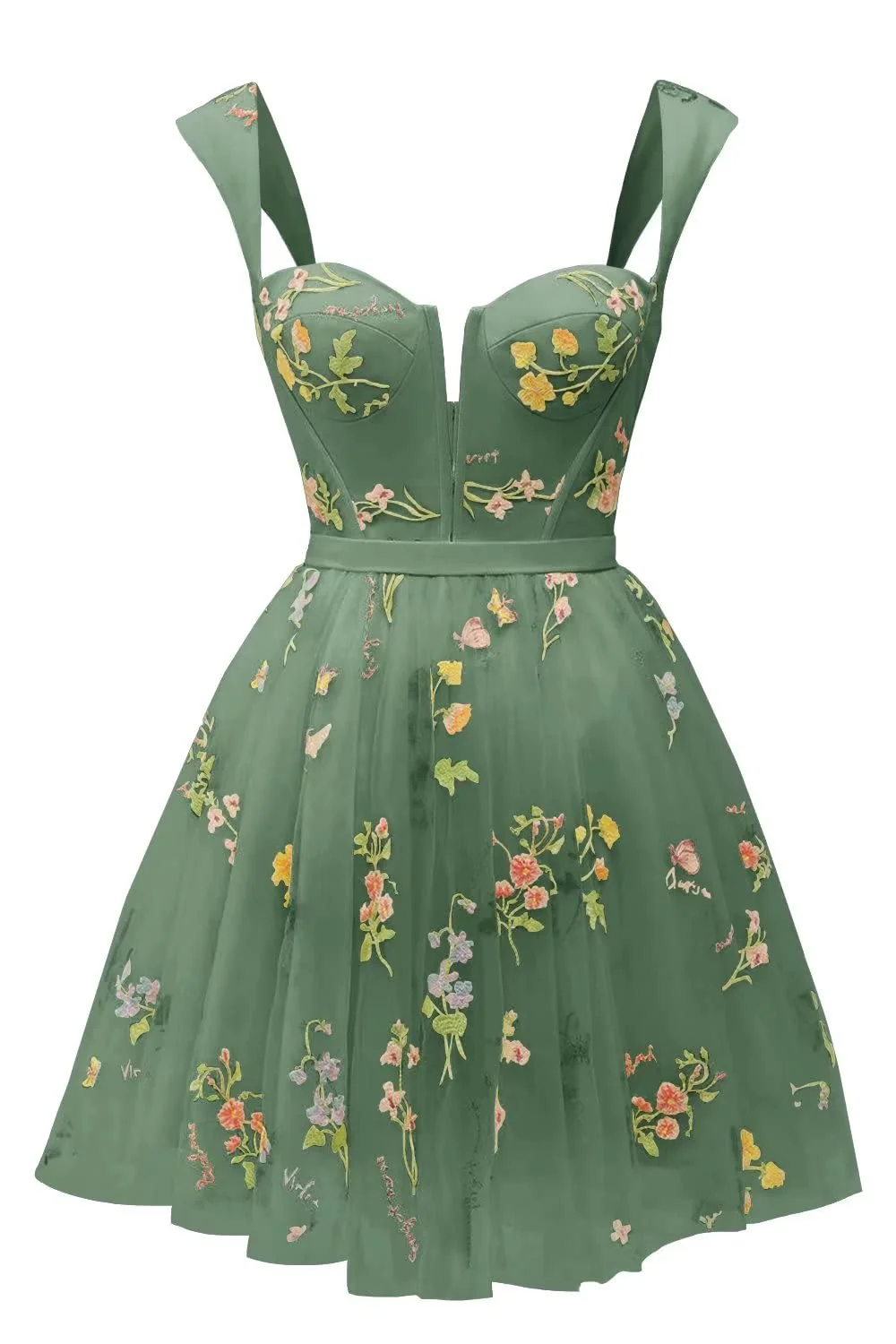 Green Floral A-line Short Princess Dress with Square Neck - Image 9