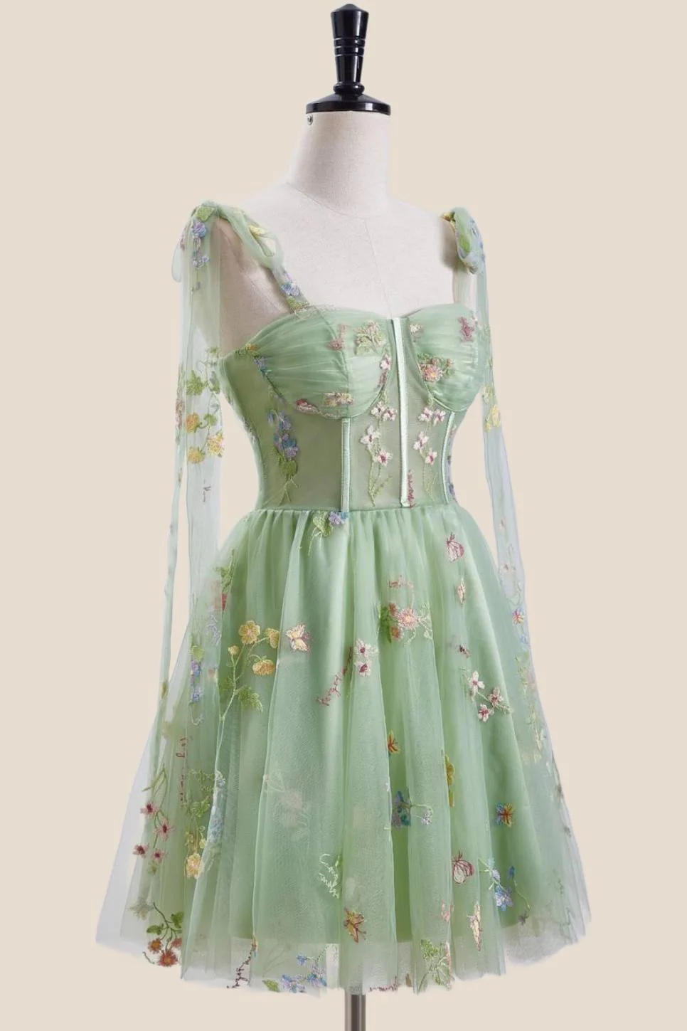 Green Floral Embroidery Corset A-line Short Fairytale Dress - Image 3