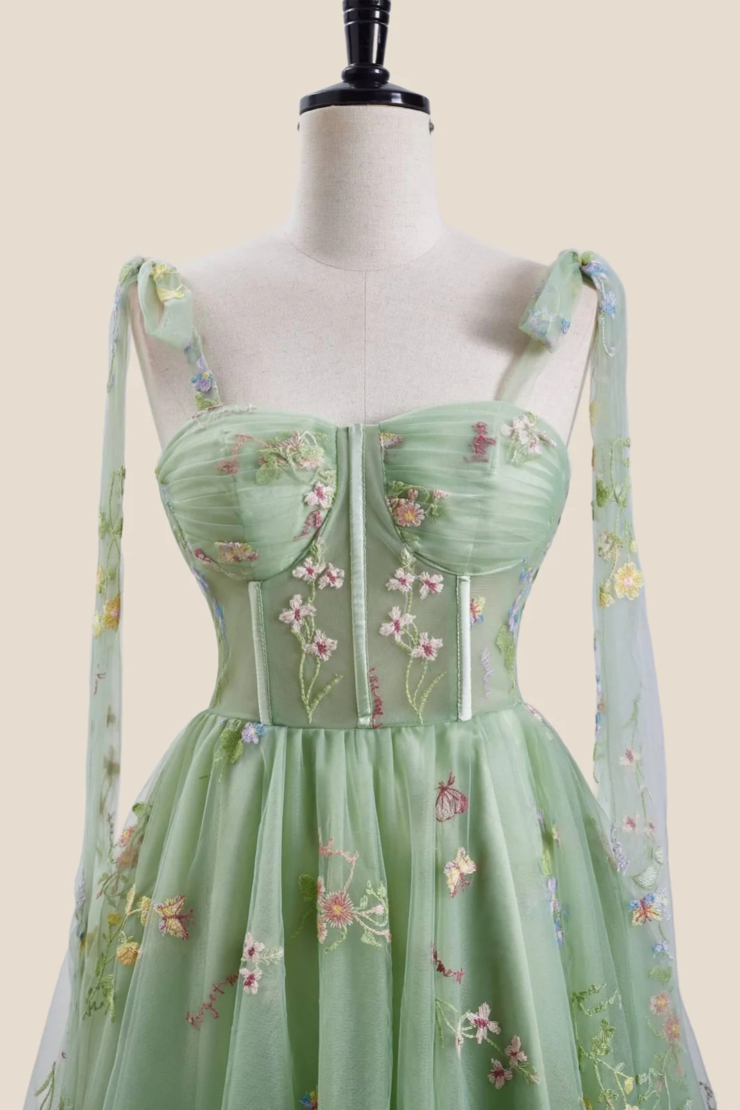 Green Floral Embroidery Corset A-line Short Fairytale Dress - Image 4