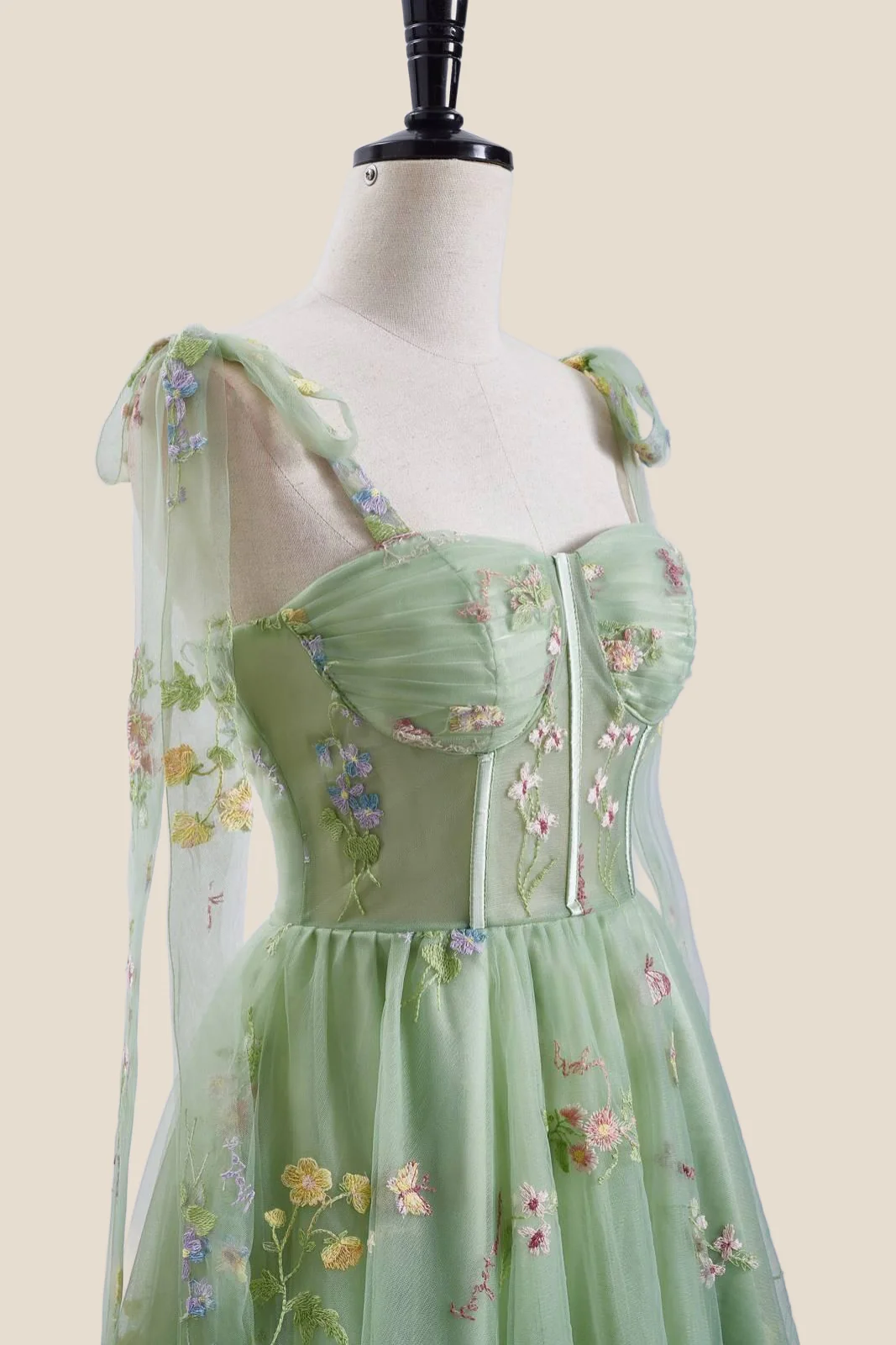 Green Floral Embroidery Corset A-line Short Fairytale Dress - Image 5