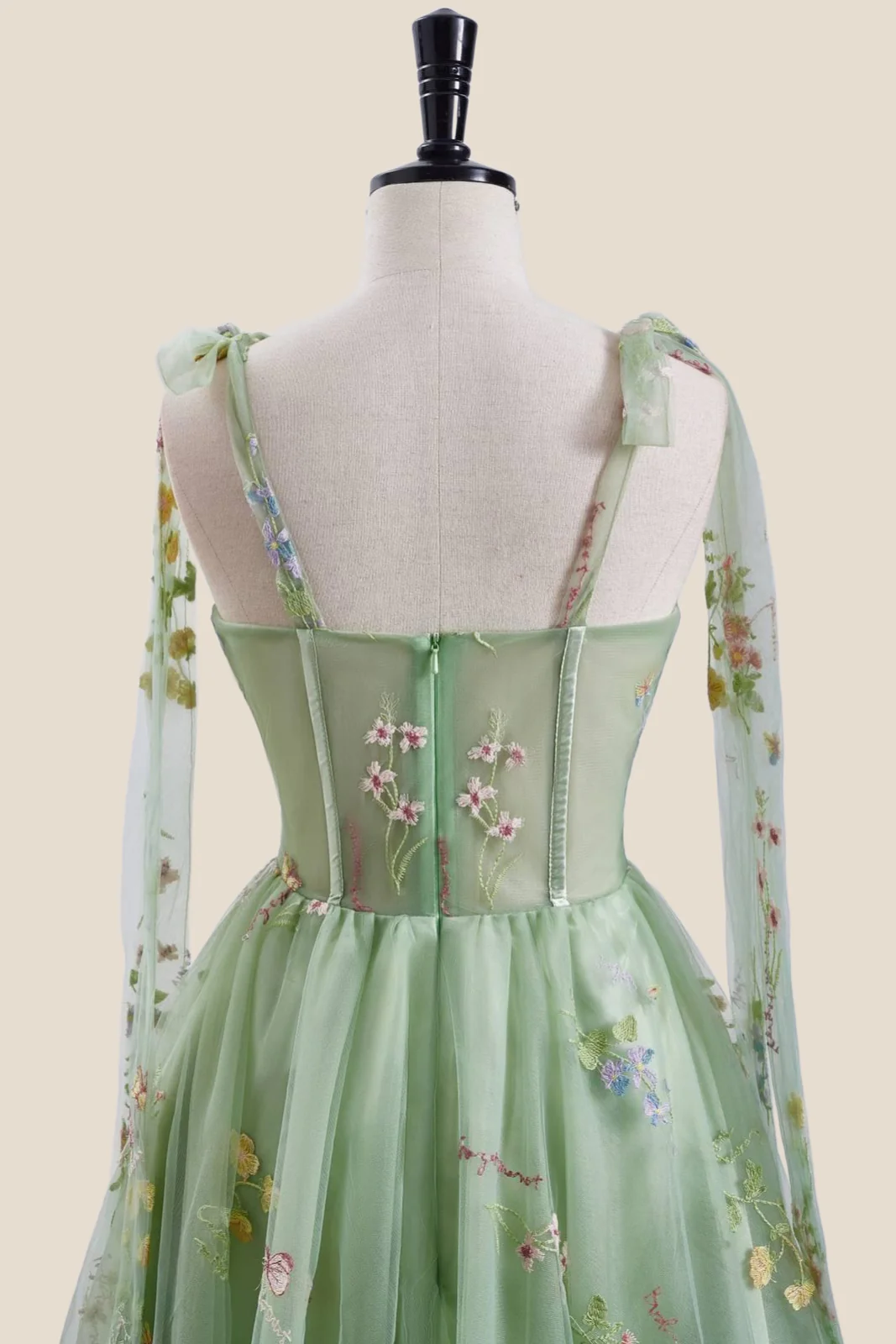 Green Floral Embroidery Corset A-line Short Fairytale Dress - Image 6