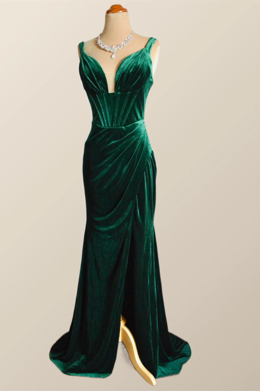 Green Velvet Mermaid Long Formal Dress with Slit - Image 3