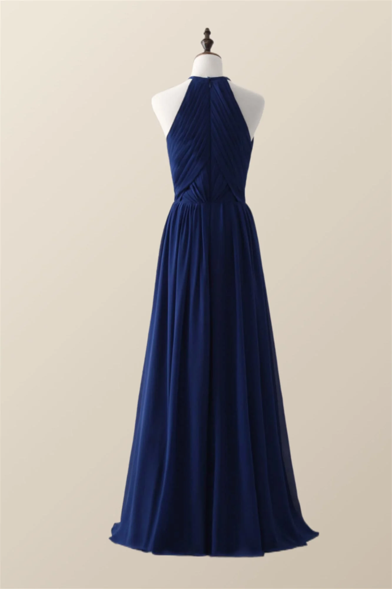 Halter Royal Blue Pleated Long Bridesmaid Dress - Image 3