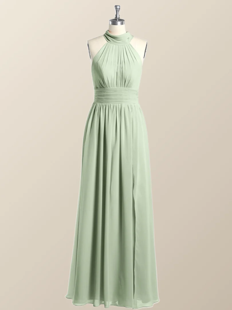 High Neck Mint Green Chiffon A-line Bridesmaid Dress - Image 3