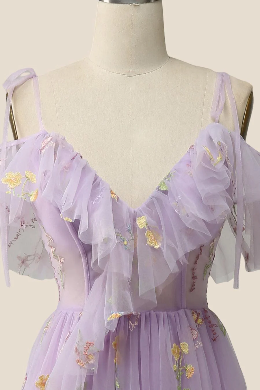 Lavender Floral Ruffles Tulle A-line Long Prom Dress - Image 15