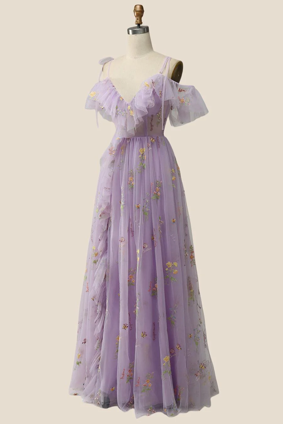 Lavender Floral Ruffles Tulle A-line Long Prom Dress - Image 3