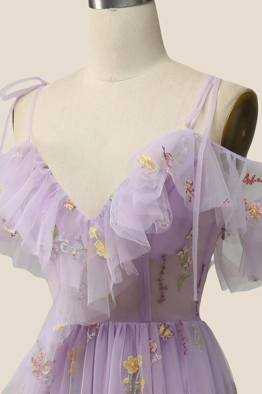 Lavender Floral Ruffles Tulle A-line Long Prom Dress - Image 6